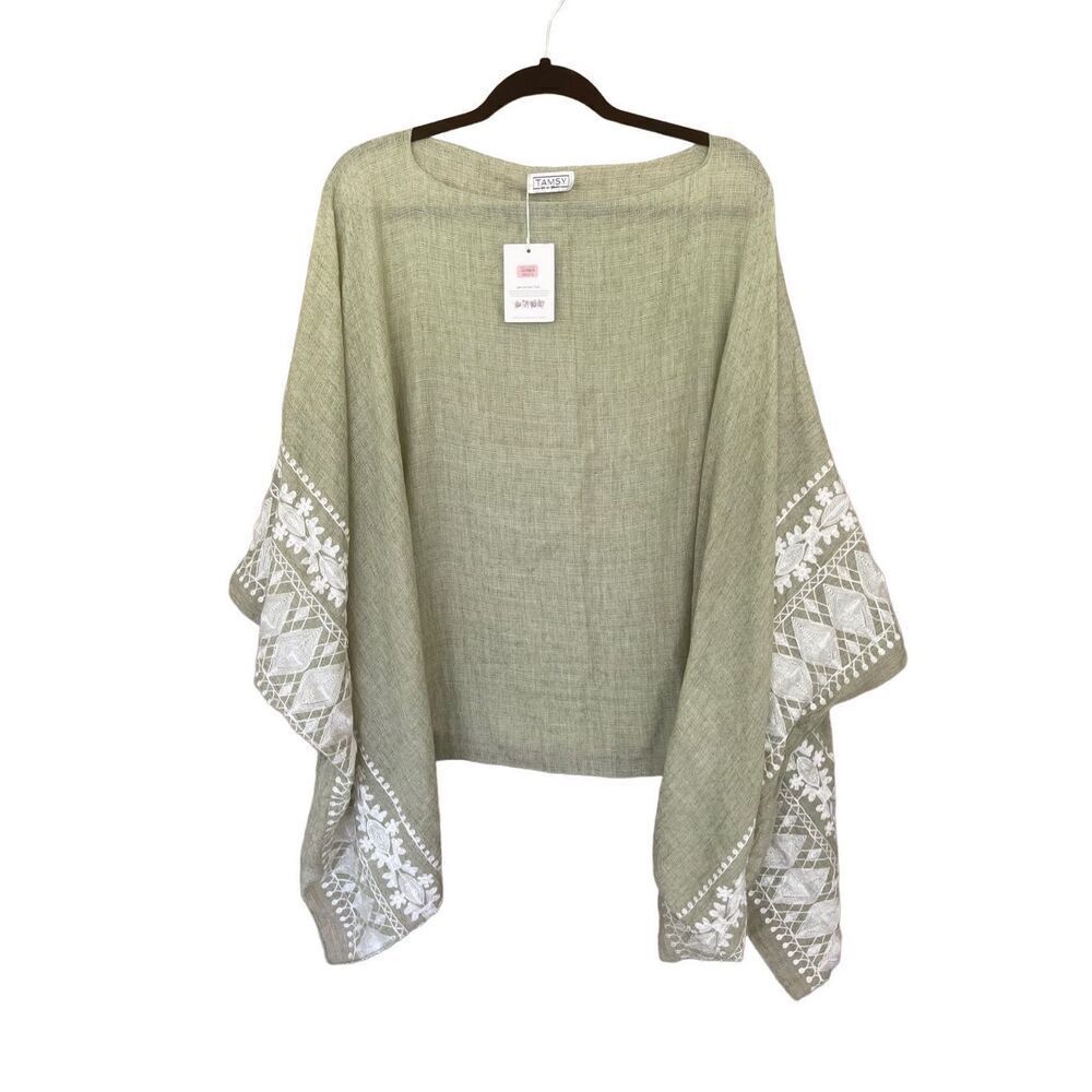 Tamsy Womens Green Embroidered Boho Pullover Boat Neck Caftan Top One Size